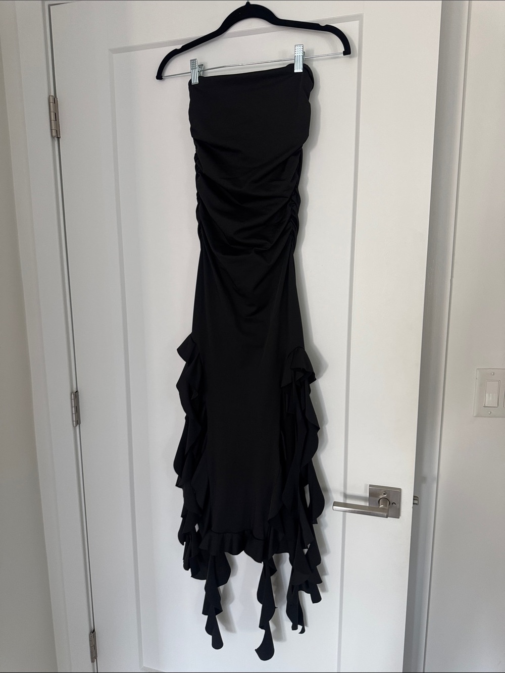 Black Strapless Ruffle Maxi Dress